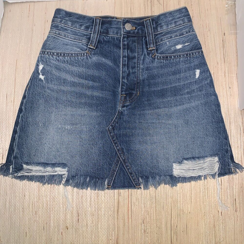 NWT Madewell Denim A-Line Mini Skirt Blue Frayed Hem Button Size 23 Casual